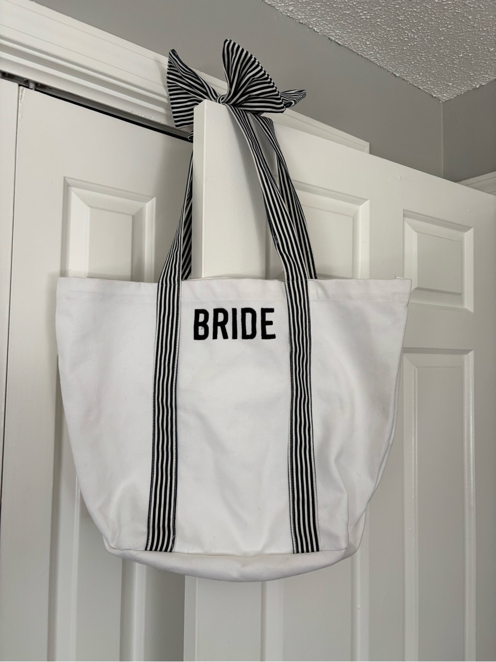 Bride White Canvas Tote Bag with Black Striped Bow Handles